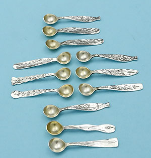 Tiffany set of 12 small engraved salt spoons hammmered individual